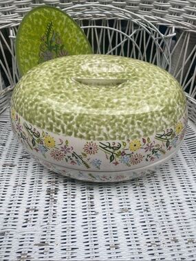 Temp-Tations Ovenware Floral Green Ceramic Covered Dish Set with Wire Basket